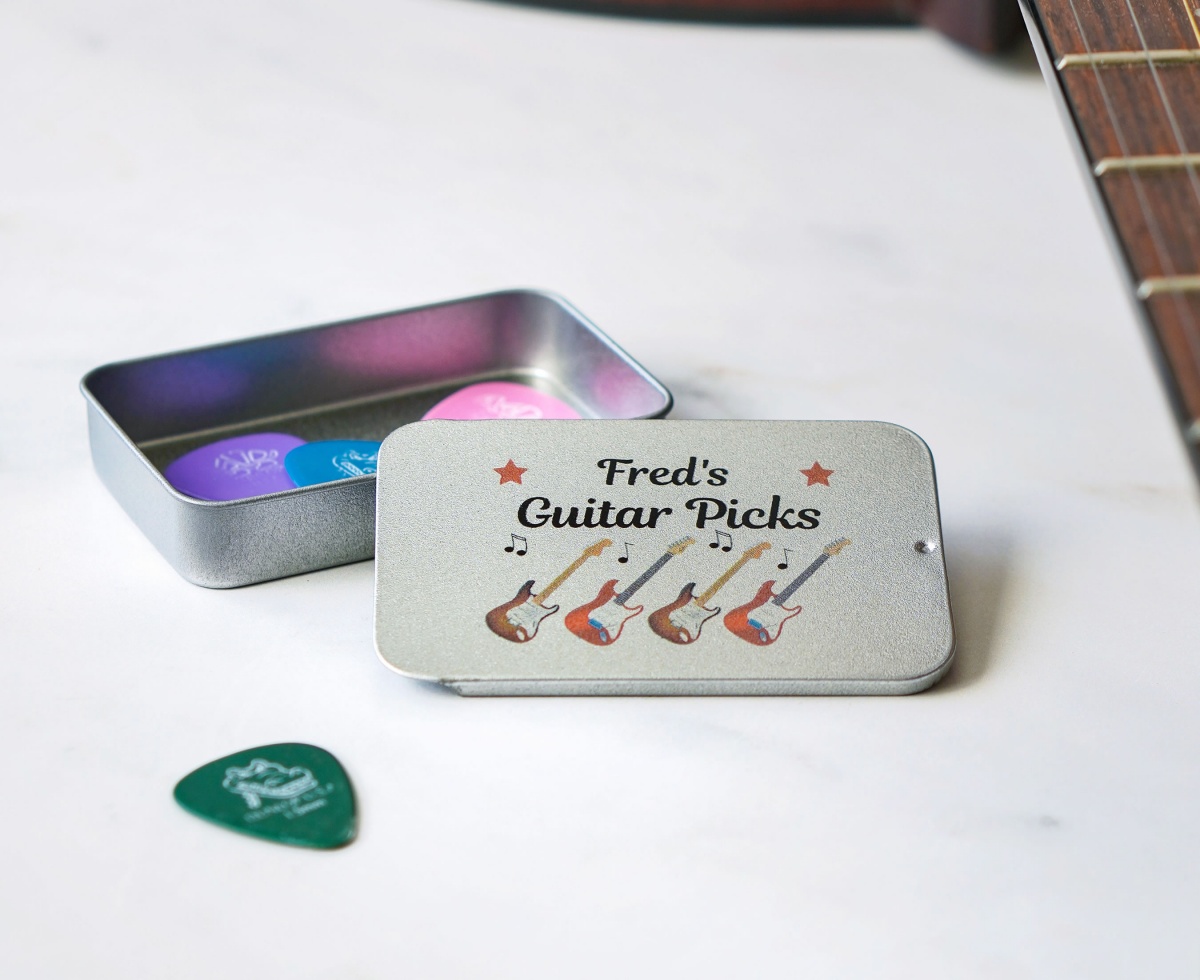 Personalised Guitar Plectrum Pick Tin Holder maisiemoogifts.co.uk